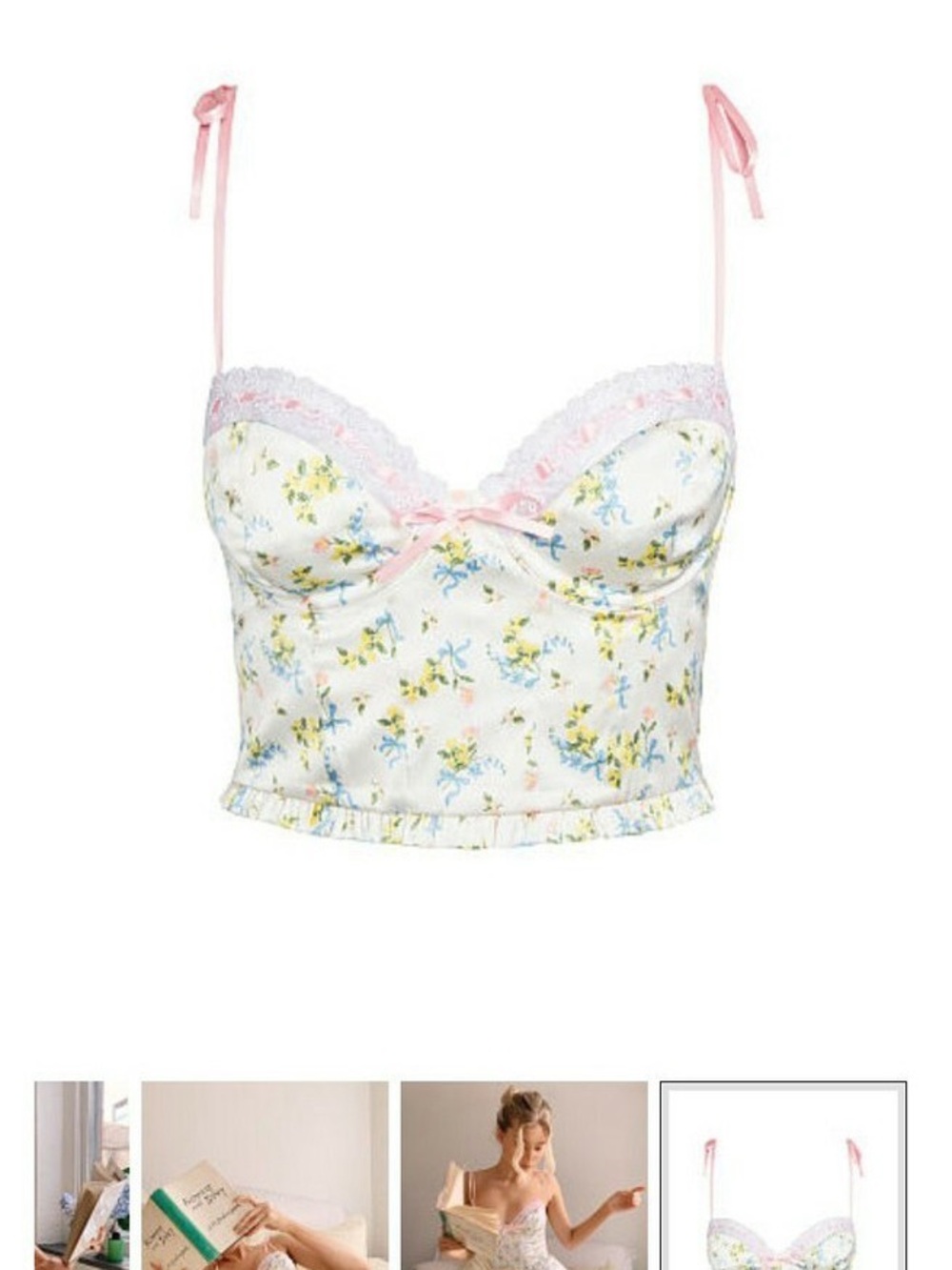 For Love & Lemons Satin Floral Ribbon Bustier Corset Top Lace Trim Coquette - M